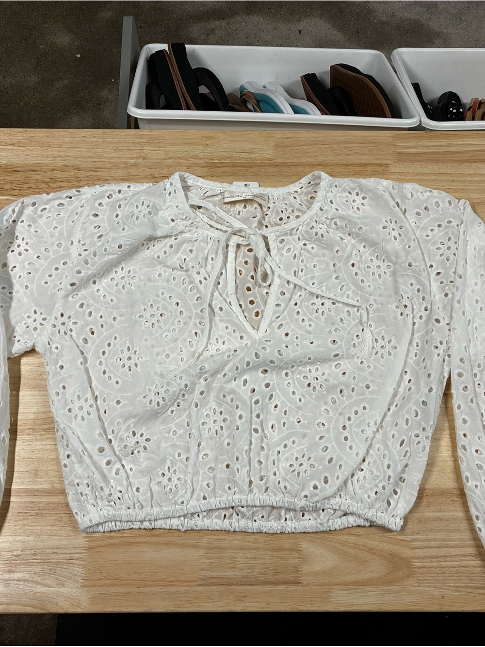 Natalie Martin White Eyelet Tie-Neck Cropped Blouse